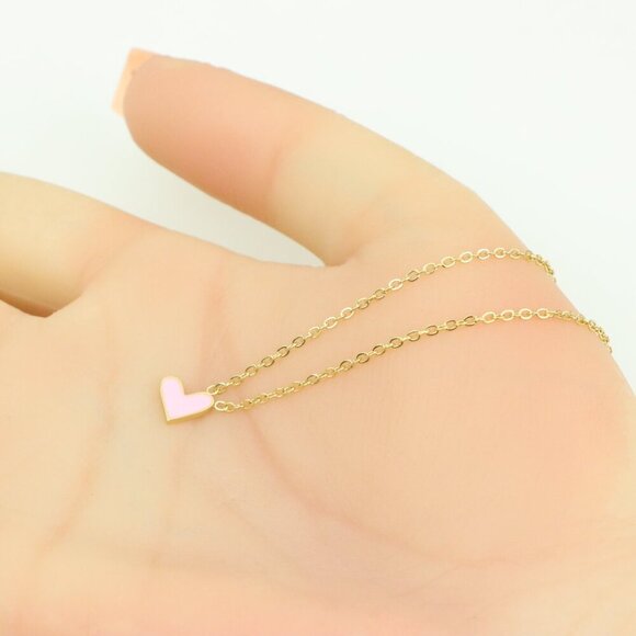 Heart Charm Yellow Necklace with Pink Enamel, XPNL0369 - Picture 3 of 13